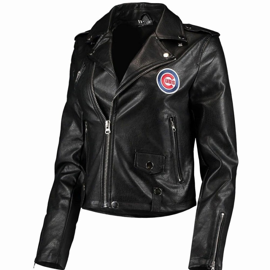 Clothing * | Women'S The Wild Collective Black Chicago Cubs Faux Leather Moto Full-Zip Jacket