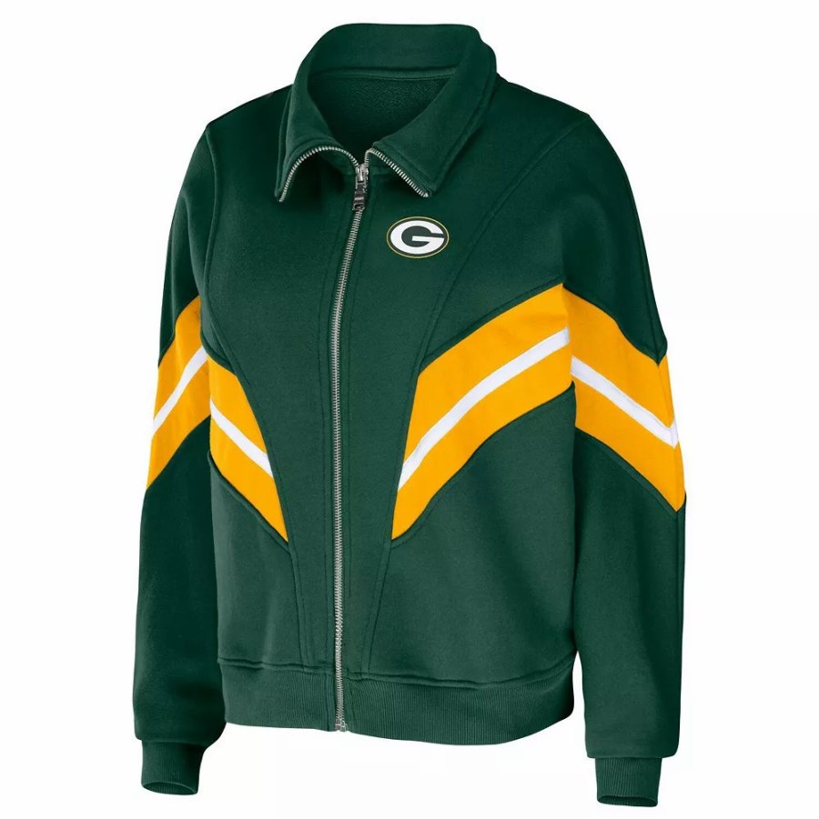 Clothing * | Women'S Wear By Erin Andrews Green Green Bay Packers Yarn Dye Stripe Full-Zip Jacket