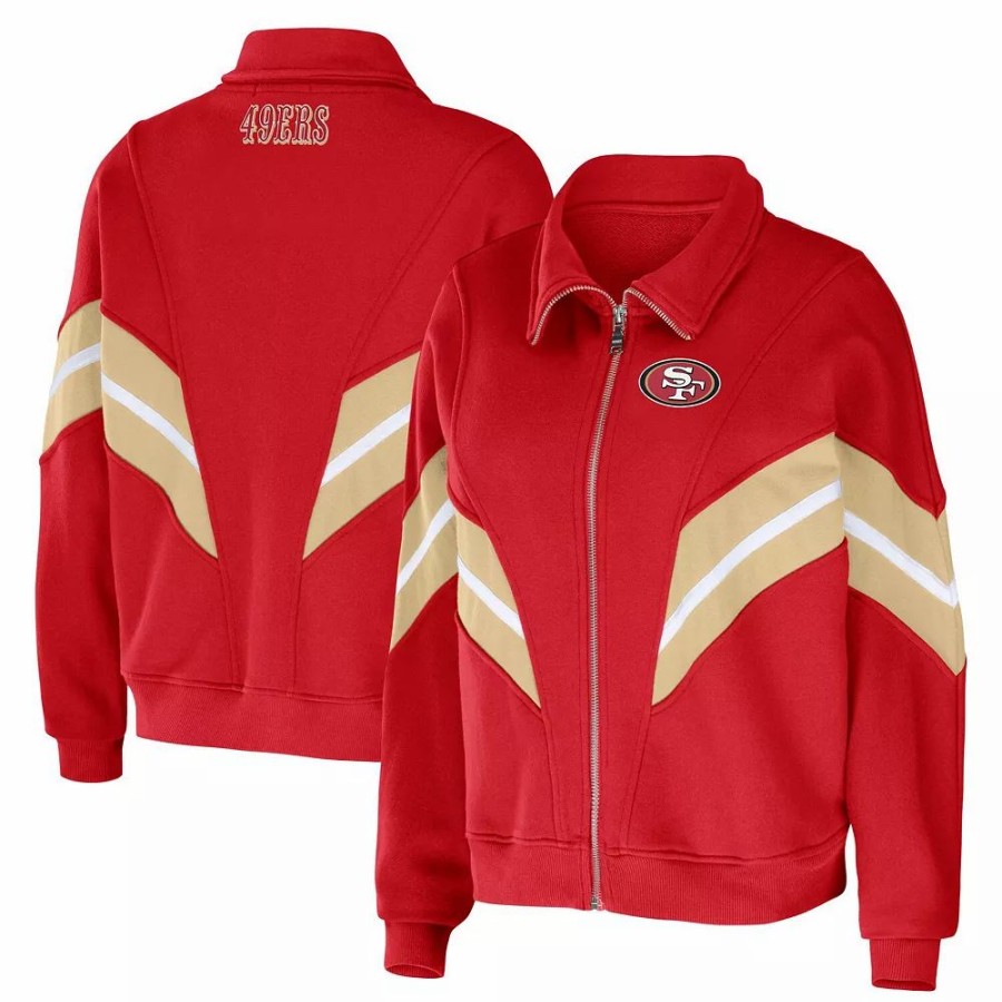 Clothing * | Women'S Wear By Erin Andrews Scarlet San Francisco 49Ers Plus Size Yarn Dye Stripe Full-Zip Jacket