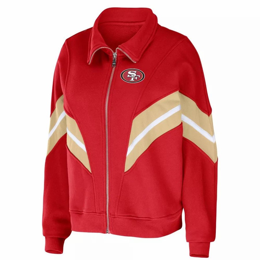 Clothing * | Women'S Wear By Erin Andrews Scarlet San Francisco 49Ers Plus Size Yarn Dye Stripe Full-Zip Jacket