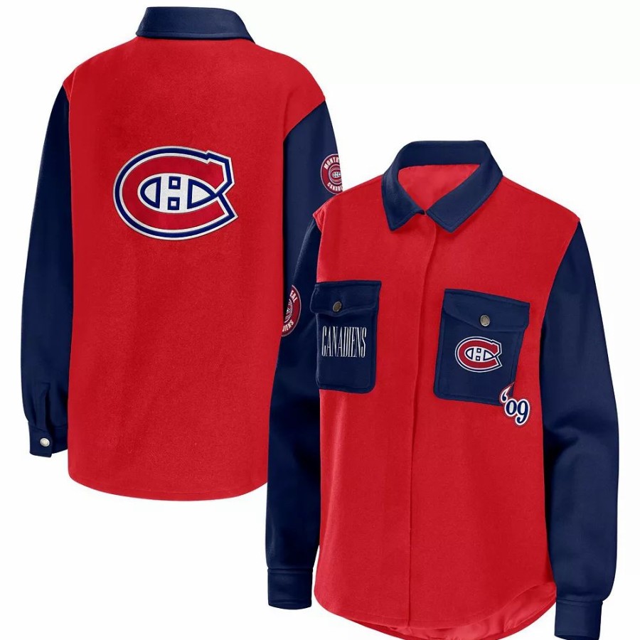 Clothing * | Women'S Wear By Erin Andrews Red/Navy Montreal Canadiens Colorblock Button-Up Shirt Jacket