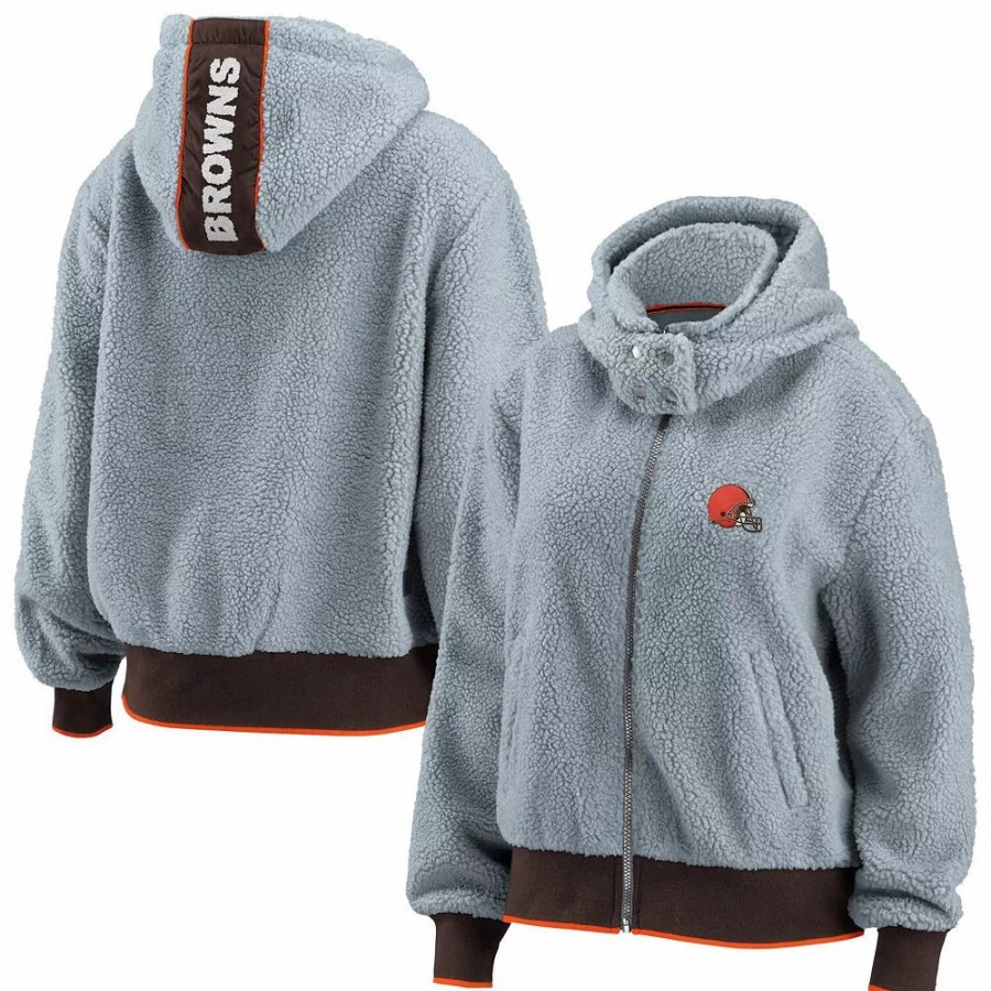 Clothing * | Women'S Wear By Erin Andrews Gray Cleveland Browns Sherpa Full-Zip Hoodie Jacket