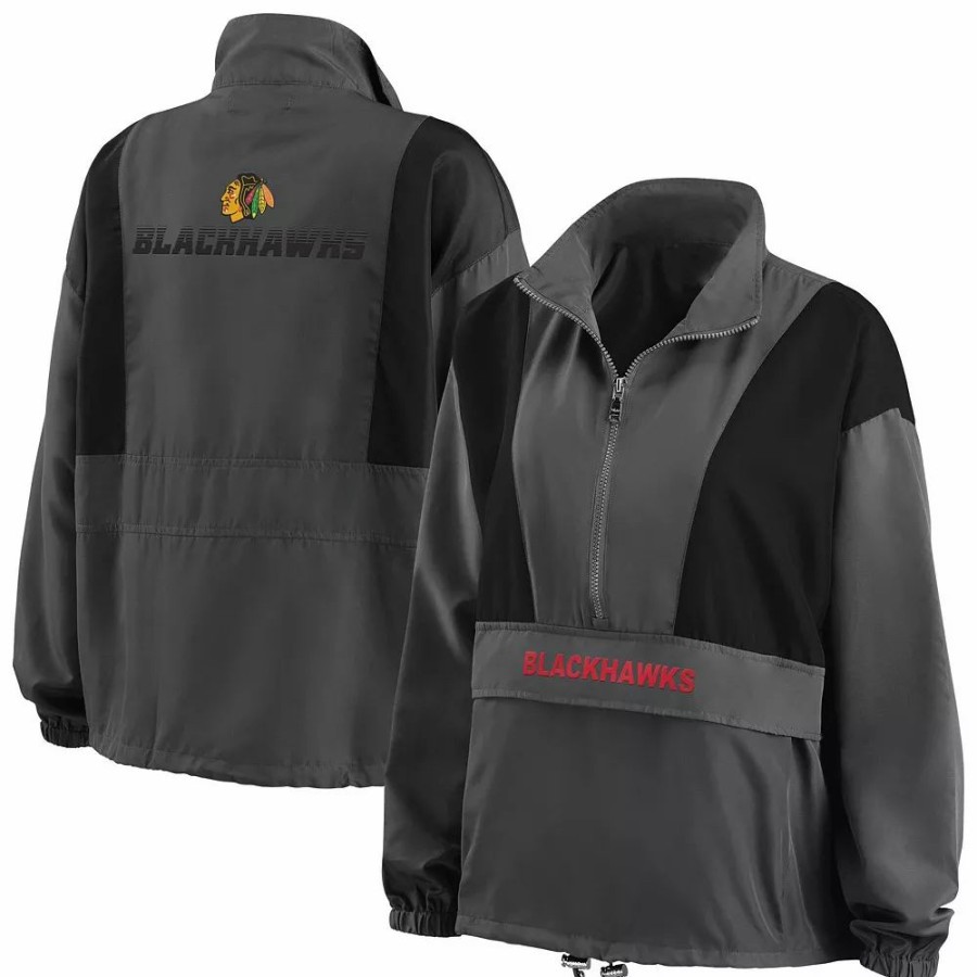 Clothing * | Women'S Wear By Erin Andrews Charcoal Chicago Blackhawks Popover Packable Half-Zip Jacket