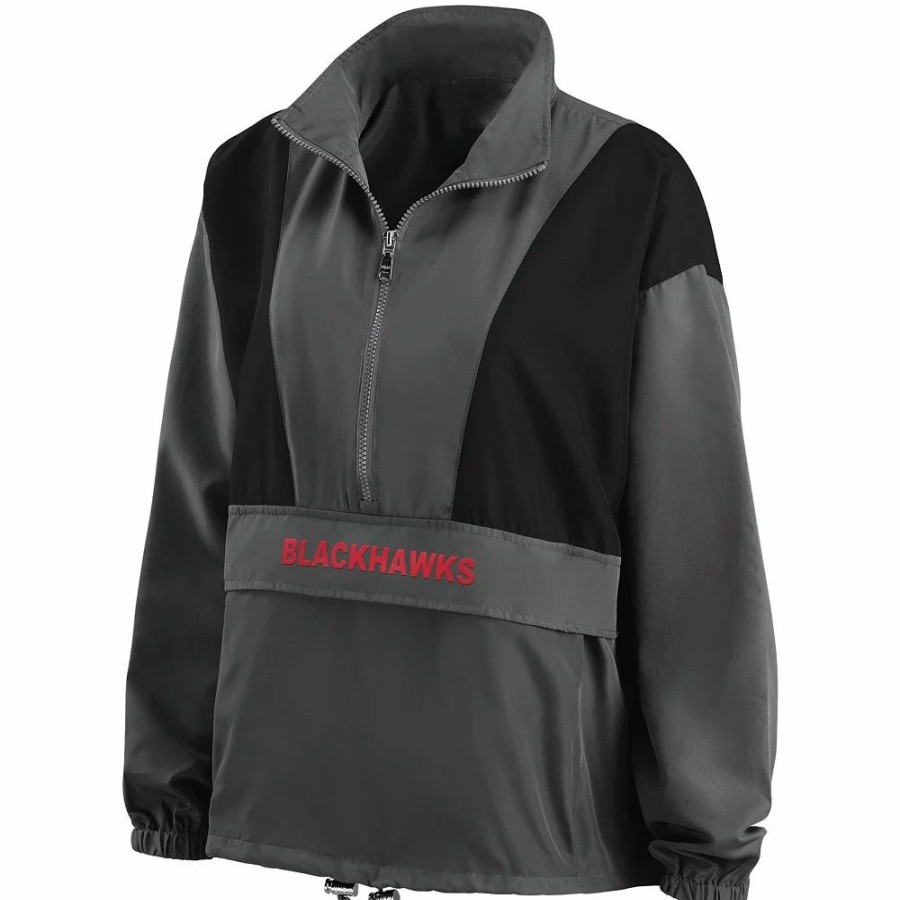 Clothing * | Women'S Wear By Erin Andrews Charcoal Chicago Blackhawks Popover Packable Half-Zip Jacket