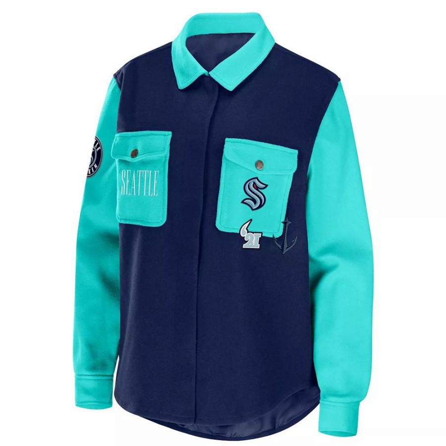 Clothing * | Women'S Wear By Erin Andrews Deep Sea Blue/Light Blue Seattle Kraken Colorblock Button-Up Shirt Jacket