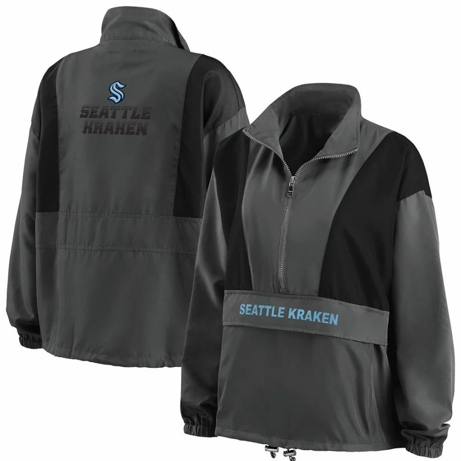 Clothing * | Women'S Wear By Erin Andrews Charcoal Seattle Kraken Popover Packable Half-Zip Jacket