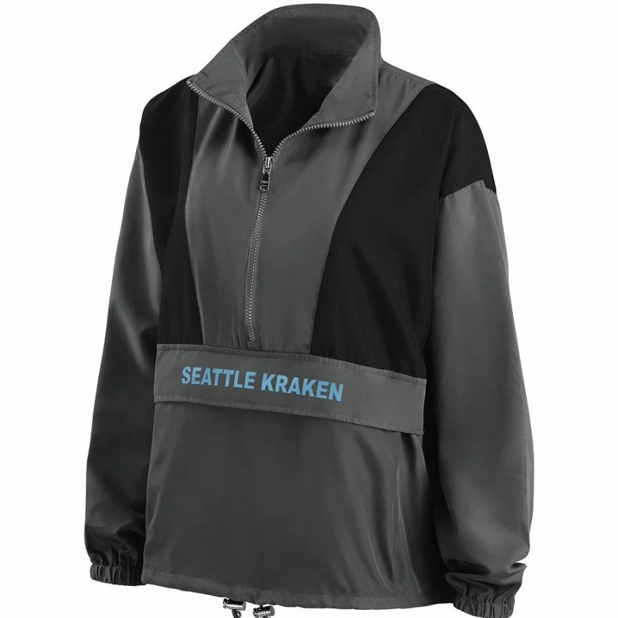 Clothing * | Women'S Wear By Erin Andrews Charcoal Seattle Kraken Popover Packable Half-Zip Jacket