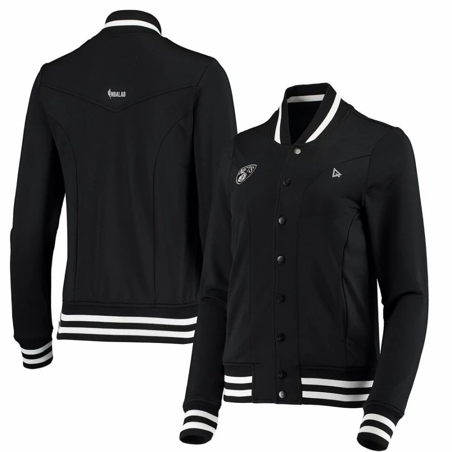 Clothing * | Women'S Qore Black Brooklyn Nets Nostalgic Full-Snap Tracksuit Jacket