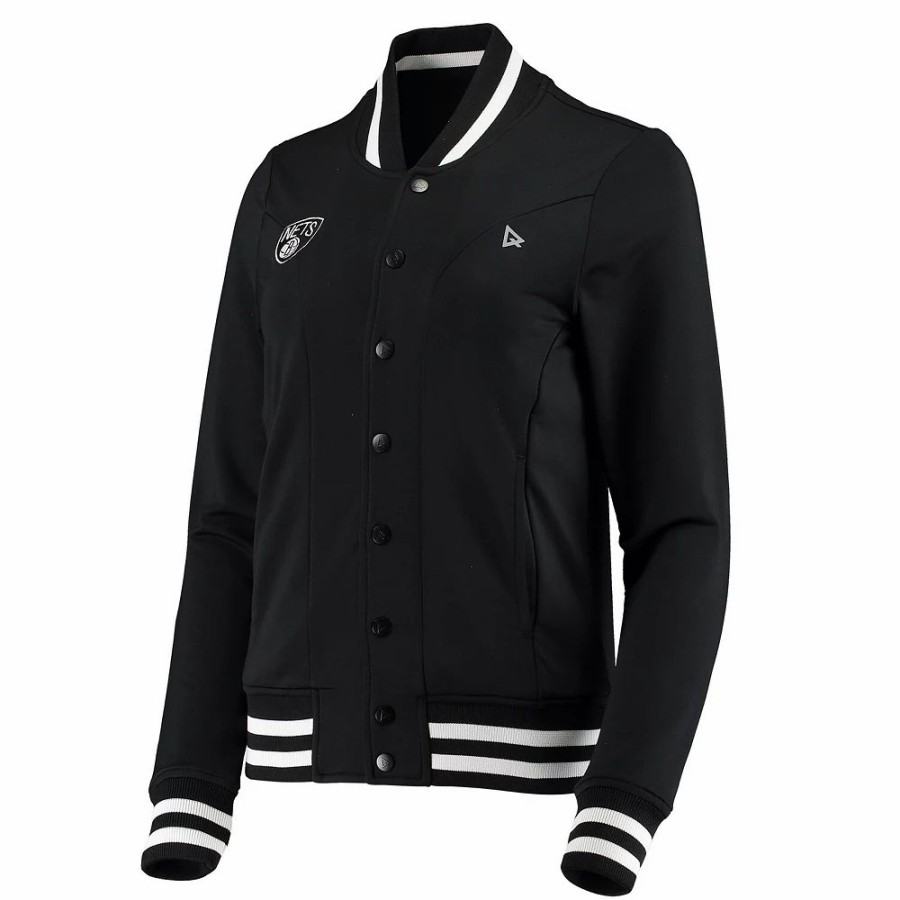 Clothing * | Women'S Qore Black Brooklyn Nets Nostalgic Full-Snap Tracksuit Jacket