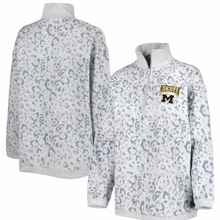 Clothing * | Women'S Gameday Couture Heather Gray Michigan Wolverines Leopard Quarter-Zip Sweatshirt