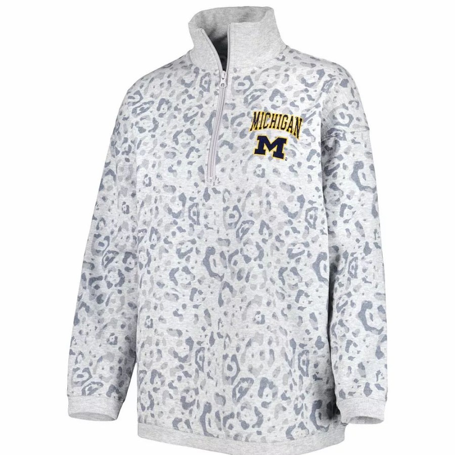 Clothing * | Women'S Gameday Couture Heather Gray Michigan Wolverines Leopard Quarter-Zip Sweatshirt