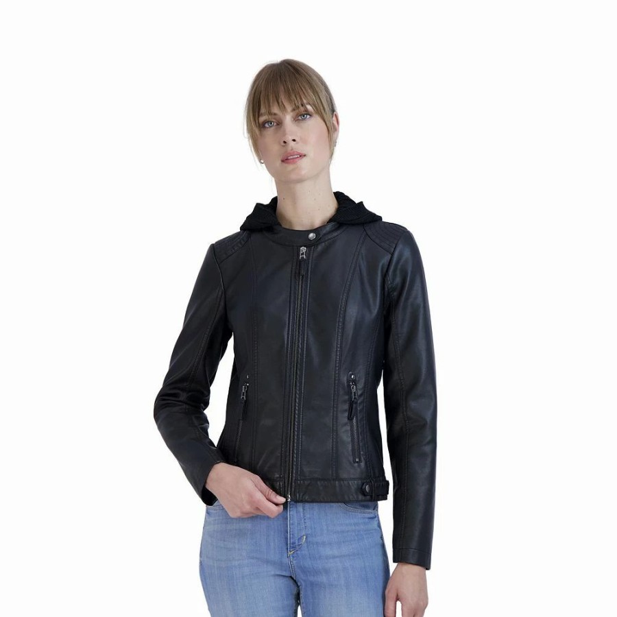 Clothing * | Women'S Sebby Collection Hooded Faux-Leather Jacket