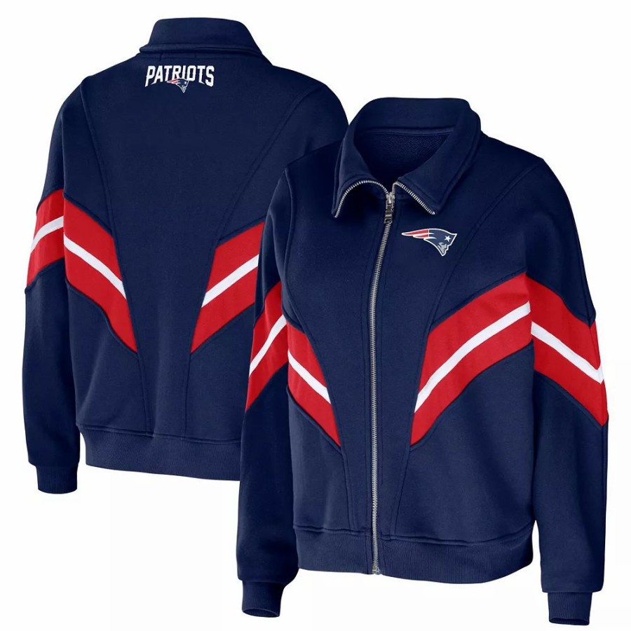 Clothing * | Women'S Wear By Erin Andrews Navy New England Patriots Plus Size Yarn Dye Stripe Full-Zip Jacket