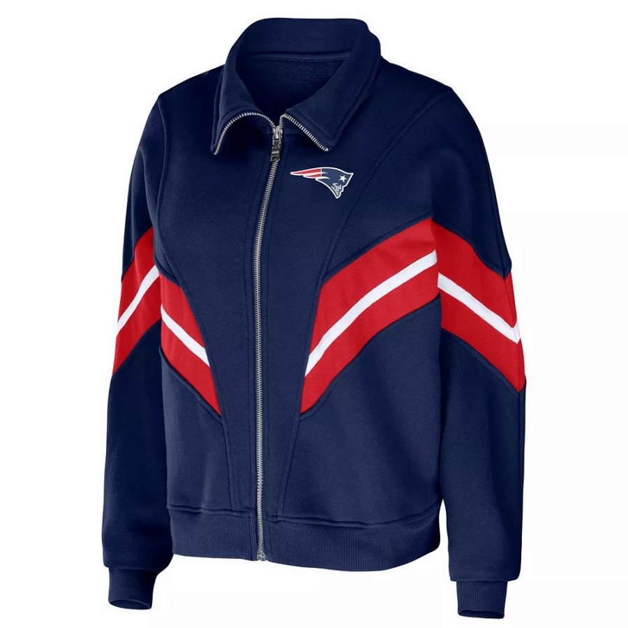 Clothing * | Women'S Wear By Erin Andrews Navy New England Patriots Plus Size Yarn Dye Stripe Full-Zip Jacket