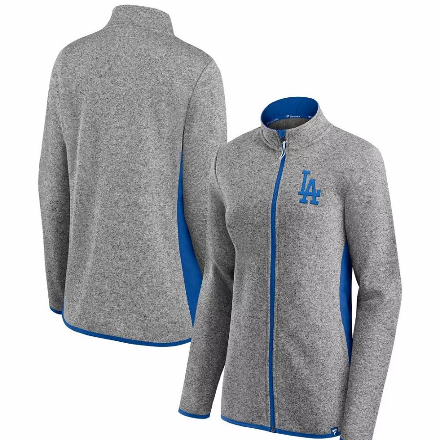 Clothing * | Women'S Fanatics Branded Heathered Charcoal Los Angeles Dodgers Primary Logo Fleece Full-Zip Jacket