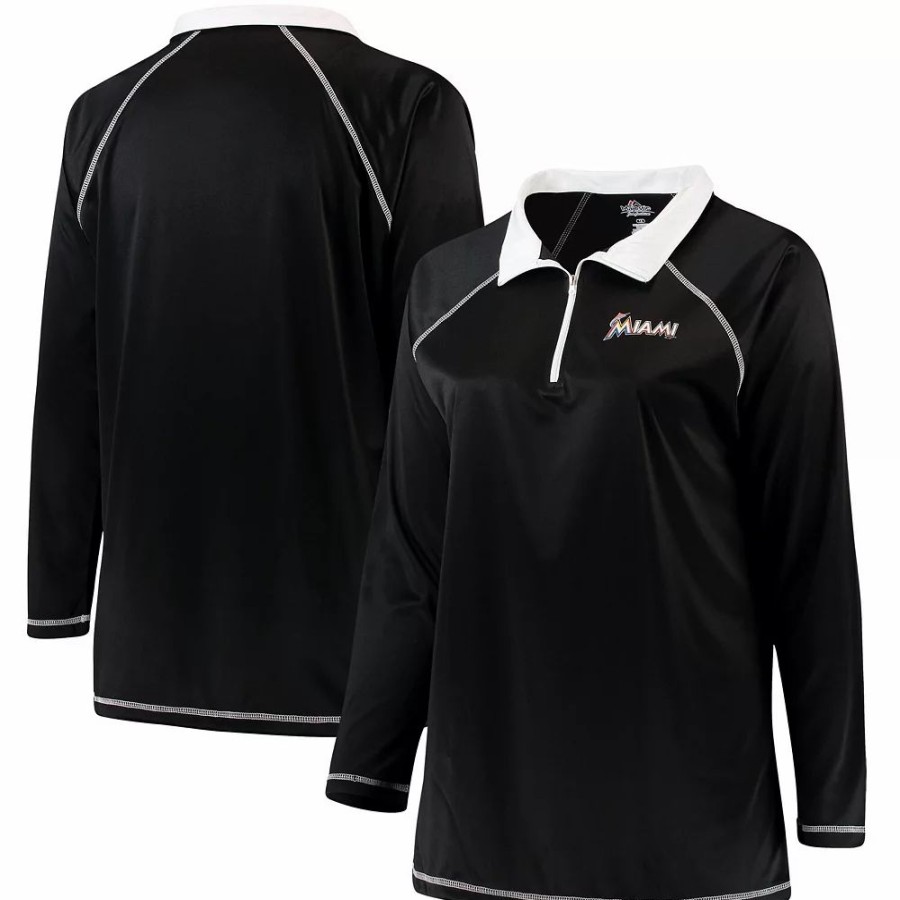 Clothing * | Women'S Majestic Black Miami Marlins Plus Size Quarter-Zip Pullover Jacket