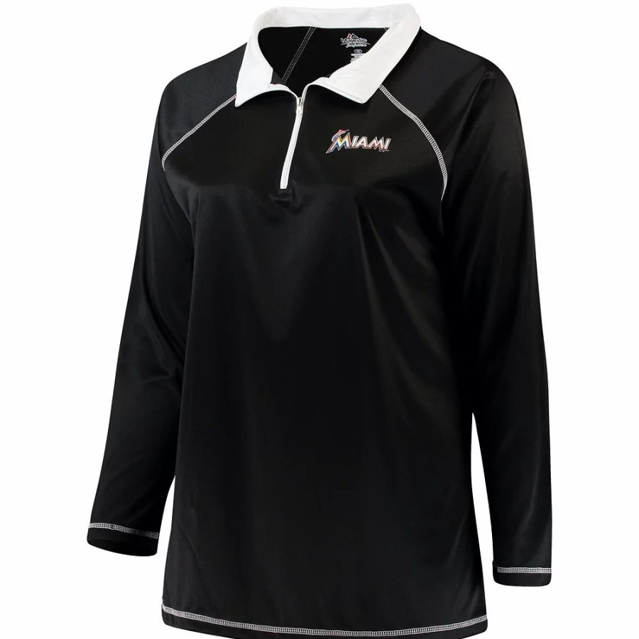 Clothing * | Women'S Majestic Black Miami Marlins Plus Size Quarter-Zip Pullover Jacket