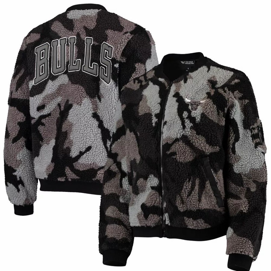 Clothing * | Women'S The Wild Collective Black Chicago Bulls Camo Sherpa Full-Zip Bomber Jacket