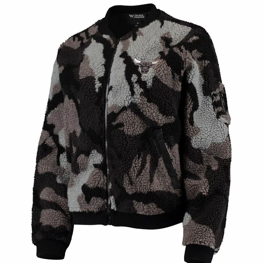 Clothing * | Women'S The Wild Collective Black Chicago Bulls Camo Sherpa Full-Zip Bomber Jacket