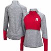 Clothing * | Women'S Colosseum Heathered Gray/Scarlet Nebraska Huskers Color Block Space-Dye Raglan Quarter-Zip Top