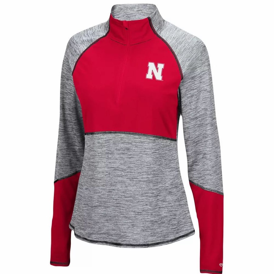 Clothing * | Women'S Colosseum Heathered Gray/Scarlet Nebraska Huskers Color Block Space-Dye Raglan Quarter-Zip Top