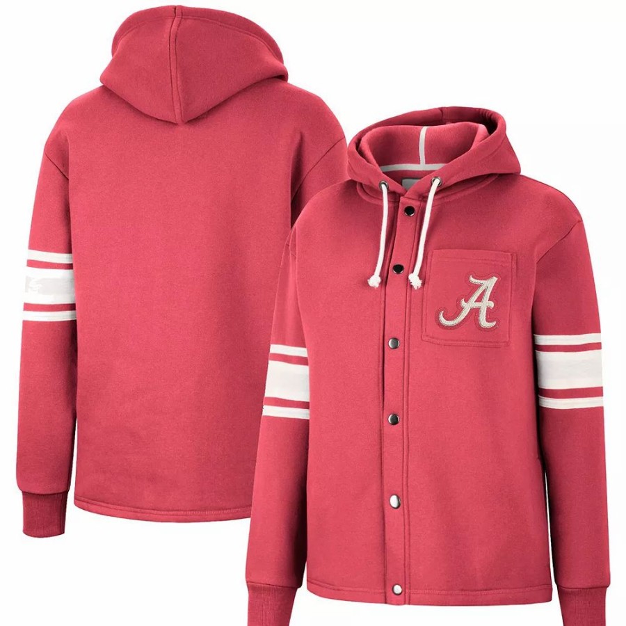 Clothing * | Women'S Colosseum Crimson Alabama Crimson Tide Mia Striped Full-Snap Hoodie Jacket