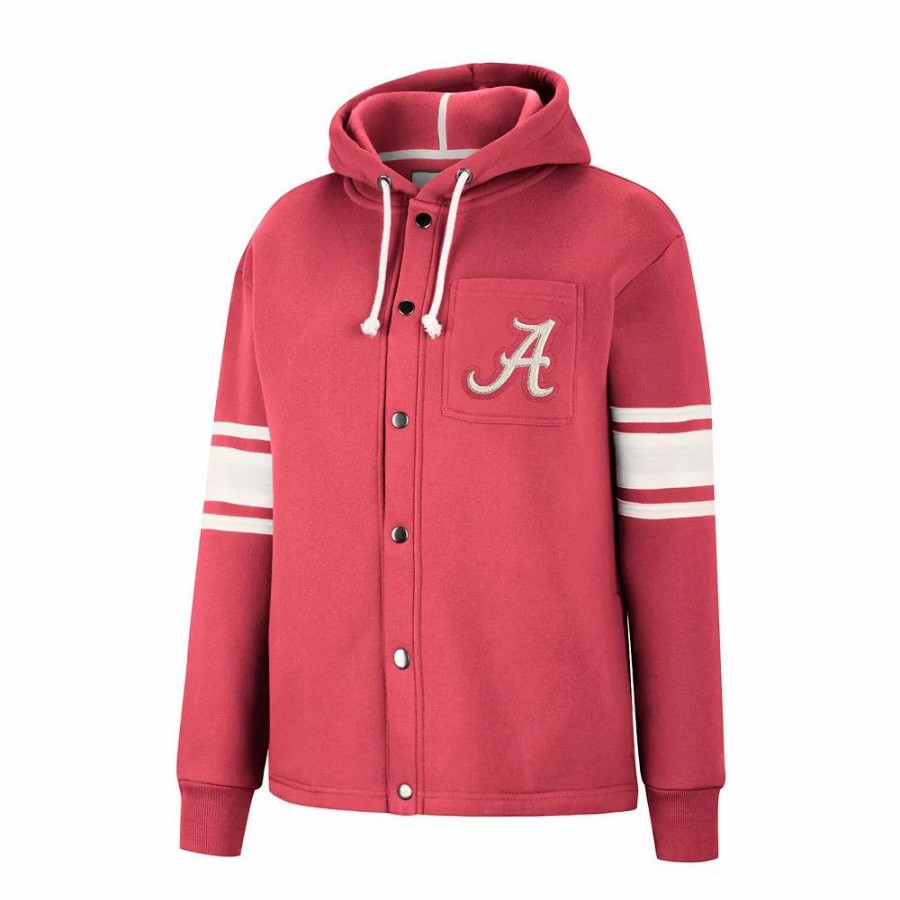 Clothing * | Women'S Colosseum Crimson Alabama Crimson Tide Mia Striped Full-Snap Hoodie Jacket