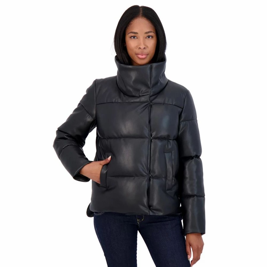 Clothing * | Women'S Sebby Collection Faux Leather Puffer Jacket Black