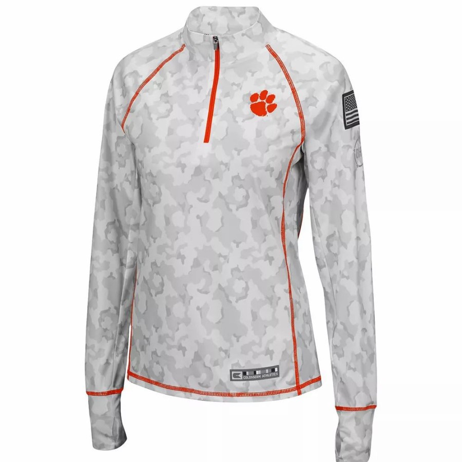 Clothing * | Women'S Colosseum White Clemson Tigers Oht Military Appreciation Officer Arctic Camo 1/4-Zip Jacket