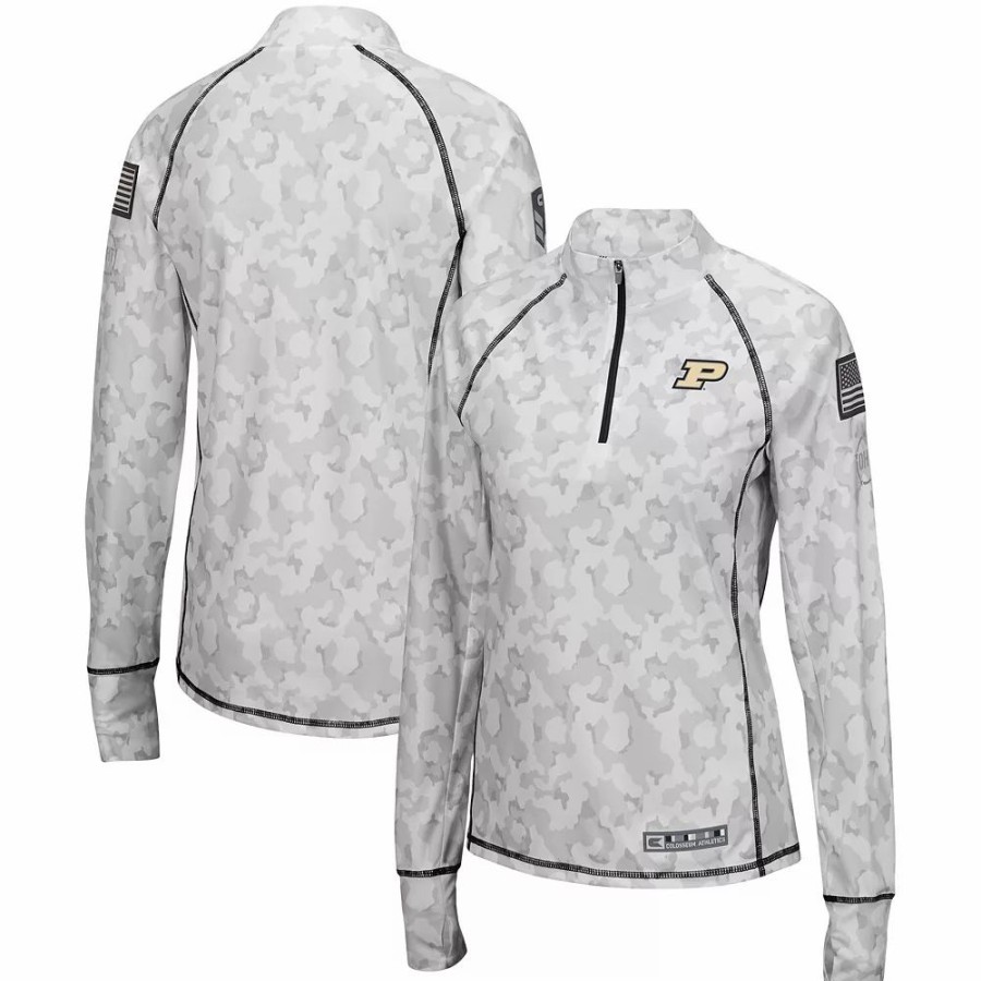 Clothing * | Women'S Colosseum White Purdue Boilermakers Oht Military Appreciation Officer Arctic Camo 1/4-Zip Jacket