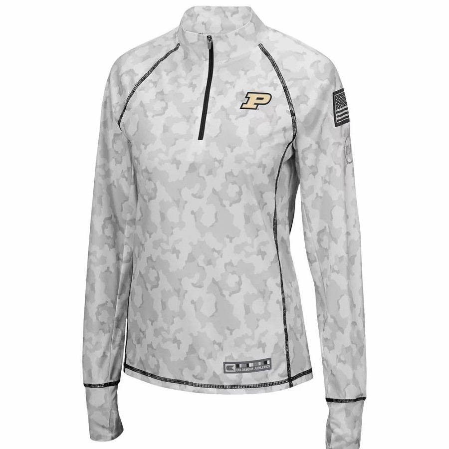 Clothing * | Women'S Colosseum White Purdue Boilermakers Oht Military Appreciation Officer Arctic Camo 1/4-Zip Jacket