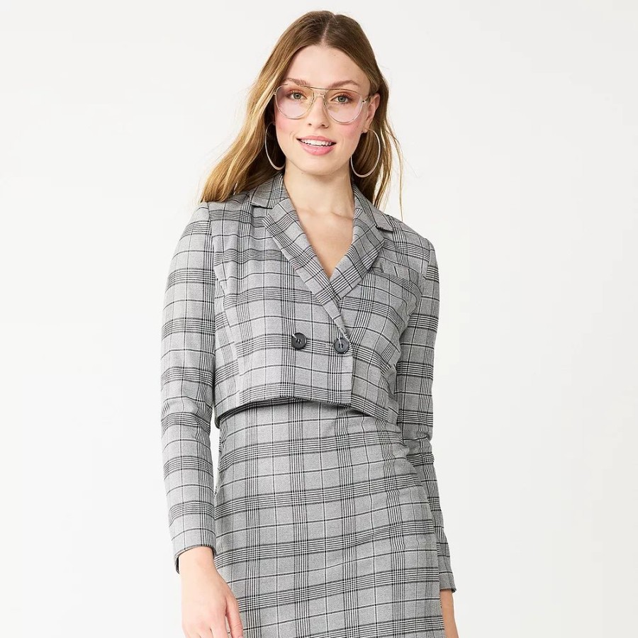 Clothing * | Juniors' So Cropped Plaid Button Blazer