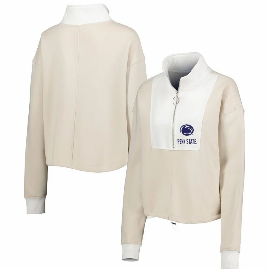 Clothing * | Women'S Gameday Couture Tan/White Penn State Nittany Lions Color-Block Quarter-Zip Jacket