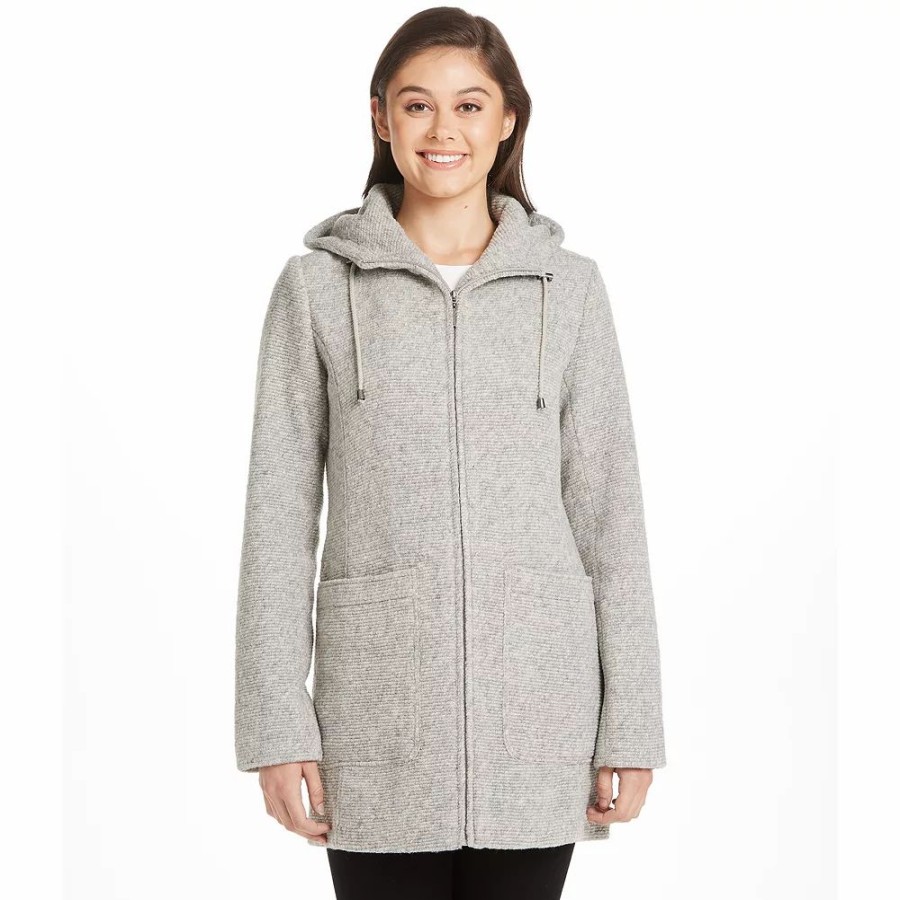 Clothing * | Women'S Weathercast Hooded Midweight Zip Front Wool Blend Walker Jacket Pebble Gray