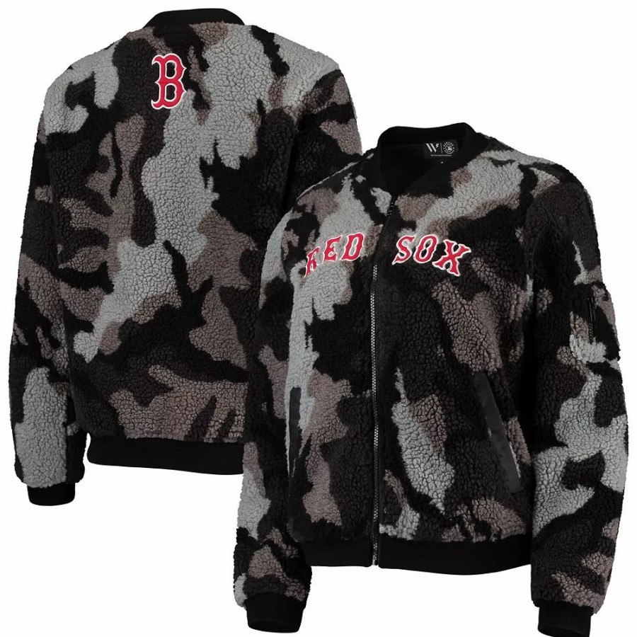 Clothing * | Women'S The Wild Collective Black Boston Red Sox Camo Sherpa Full-Zip Bomber Jacket