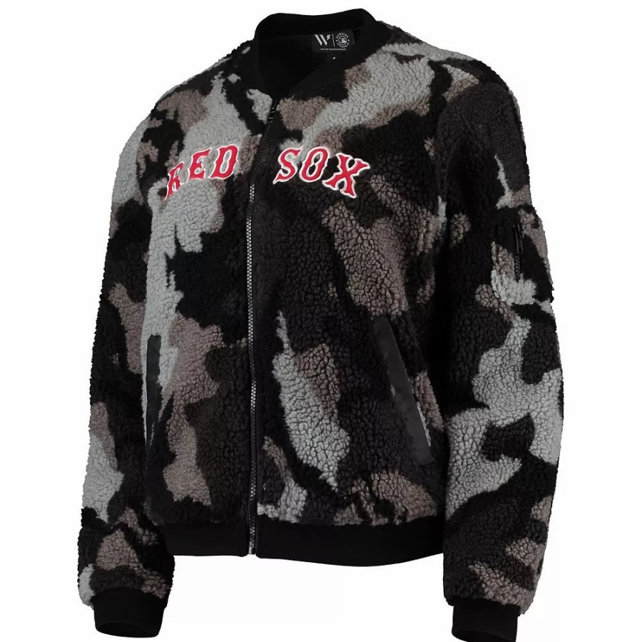 Clothing * | Women'S The Wild Collective Black Boston Red Sox Camo Sherpa Full-Zip Bomber Jacket