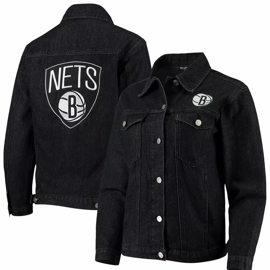 Clothing * | Women'S The Wild Collective Black Brooklyn Nets Patch Denim Button-Up Jacket