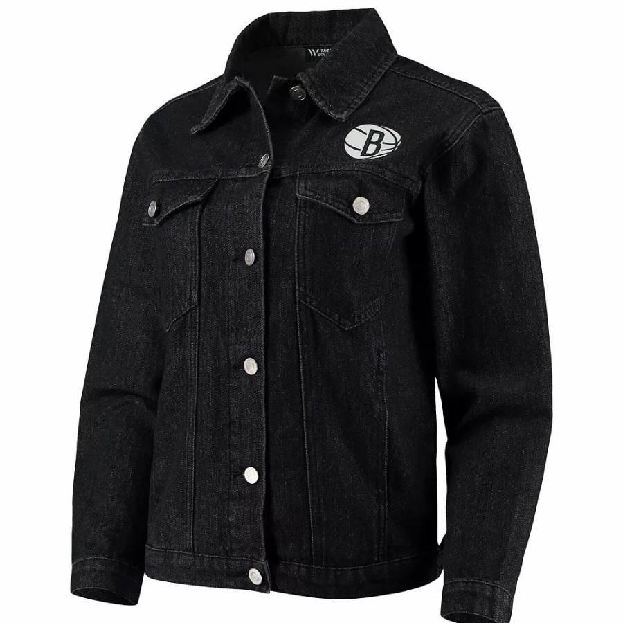 Clothing * | Women'S The Wild Collective Black Brooklyn Nets Patch Denim Button-Up Jacket