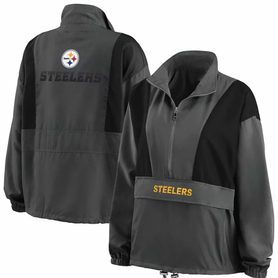 Clothing * | Women'S Wear By Erin Andrews Charcoal Pittsburgh Steelers Popover Packable Half-Zip Jacket