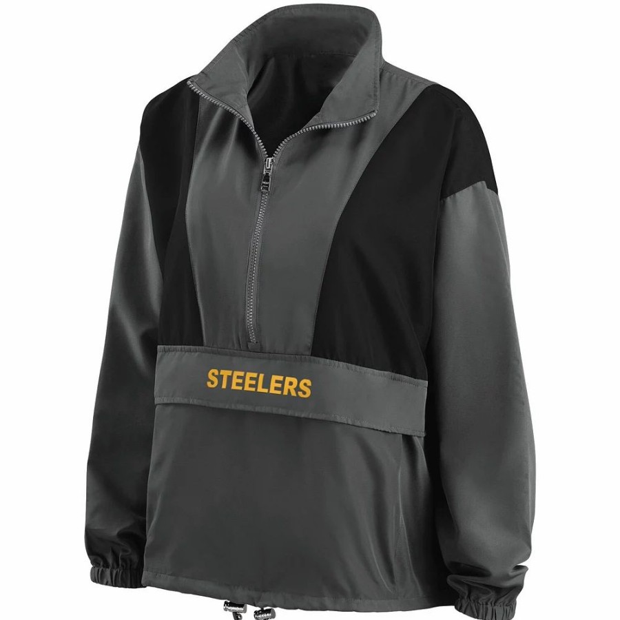 Clothing * | Women'S Wear By Erin Andrews Charcoal Pittsburgh Steelers Popover Packable Half-Zip Jacket