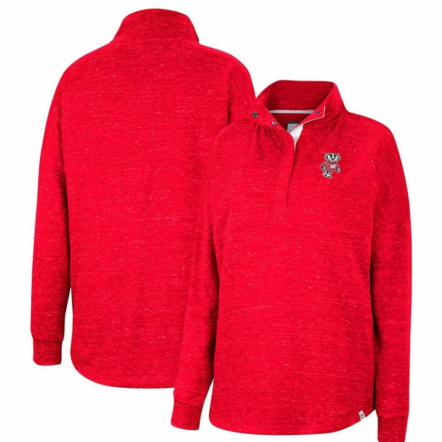 Clothing * | Women'S Colosseum Red Wisconsin Badgers Natalie Speckled Quarter-Snap Top