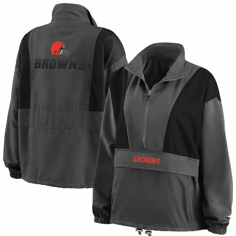 Clothing * | Women'S Wear By Erin Andrews Charcoal Cleveland Browns Popover Packable Half-Zip Jacket