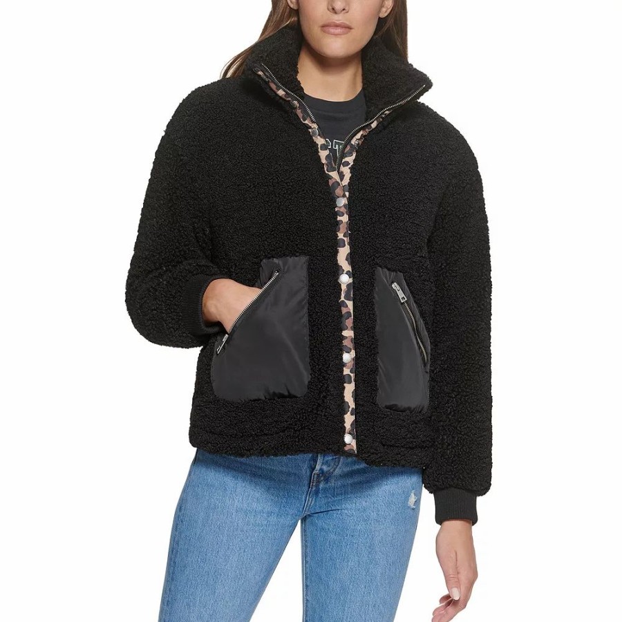 Clothing * | Women'S Levi'S Sherpa Teddy Jacket Blk Leopard