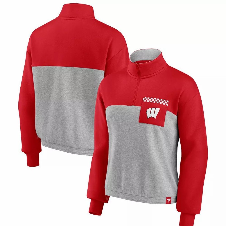 Clothing * | Women'S Fanatics Branded Red/Heathered Gray Wisconsin Badgers Sideline To Sideline Colorblock Quarter-Zip Jacket