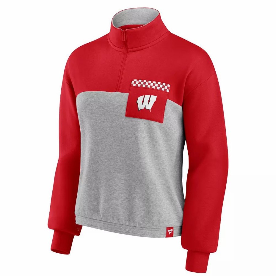 Clothing * | Women'S Fanatics Branded Red/Heathered Gray Wisconsin Badgers Sideline To Sideline Colorblock Quarter-Zip Jacket