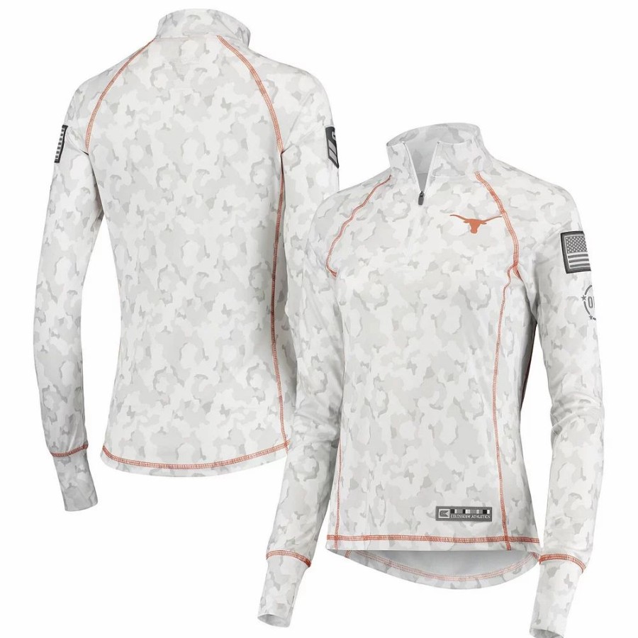 Clothing * | Women'S Colosseum White Texas Longhorns Oht Military Appreciation Officer Arctic Camo 1/4-Zip Jacket