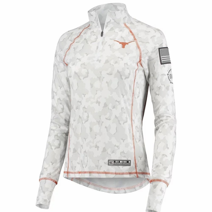 Clothing * | Women'S Colosseum White Texas Longhorns Oht Military Appreciation Officer Arctic Camo 1/4-Zip Jacket