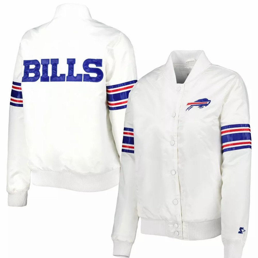 Clothing * | Women'S Starter White Buffalo Bills Line Up Satin Full-Snap Varsity Jacket