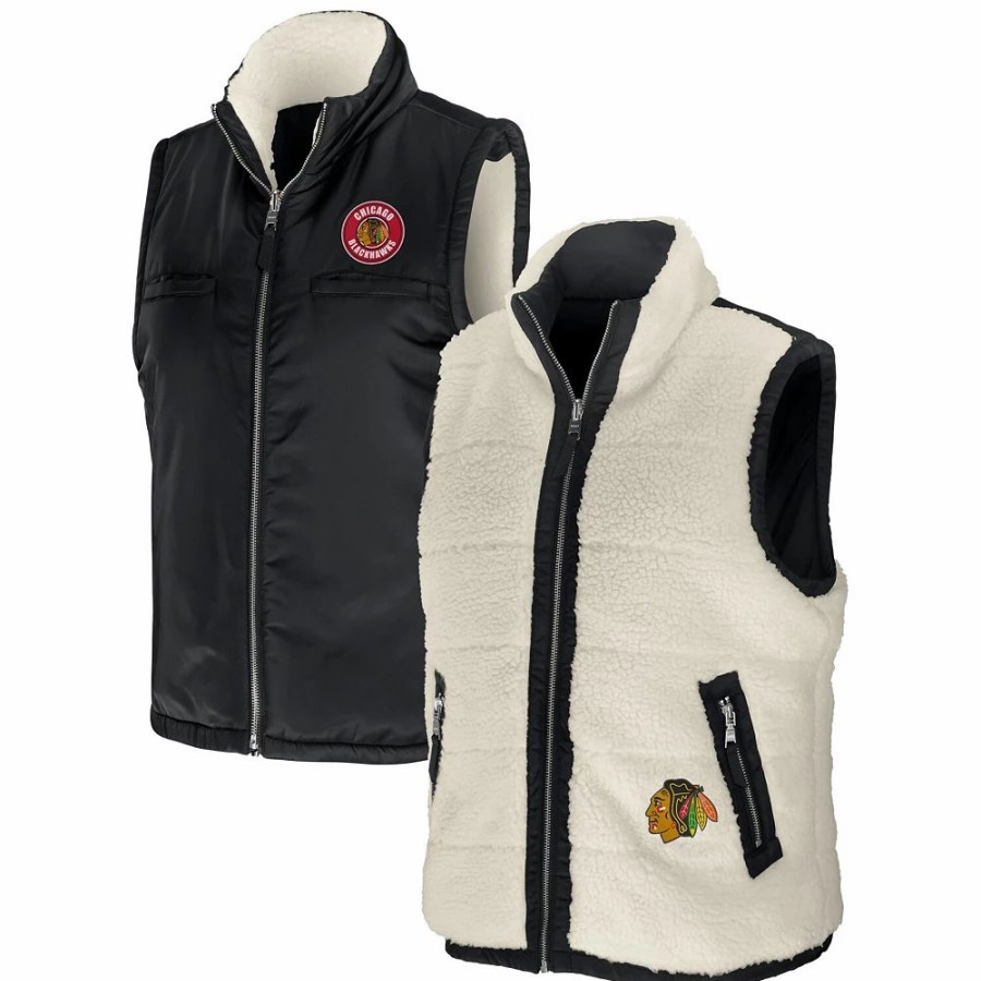 Clothing * | Women'S Wear By Erin Andrews Black/Cream Chicago Blackhawks Reversible Sherpa Full-Zip Vest