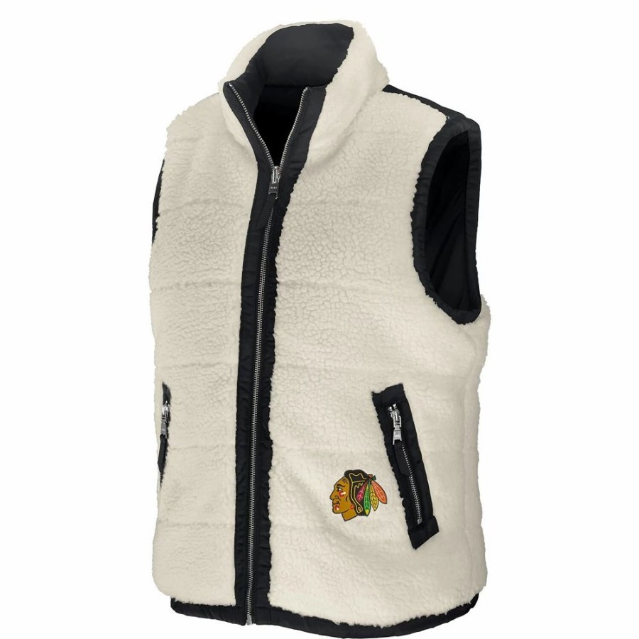 Clothing * | Women'S Wear By Erin Andrews Black/Cream Chicago Blackhawks Reversible Sherpa Full-Zip Vest